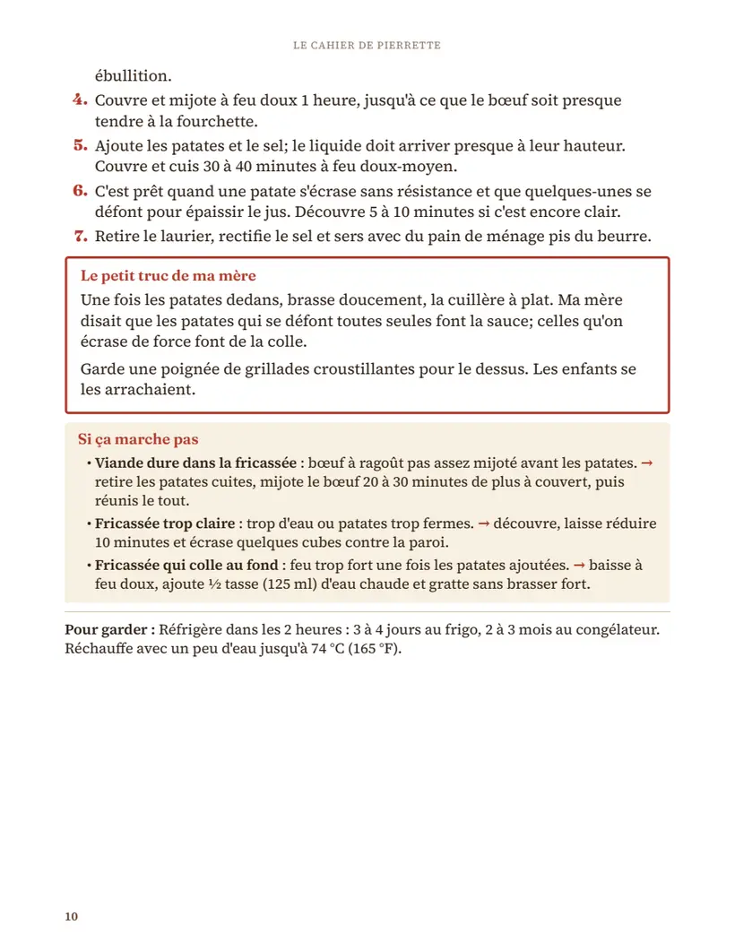 Page du cahier : la suite de la fricassée, le petit truc de ma mère et Si ça marche pas