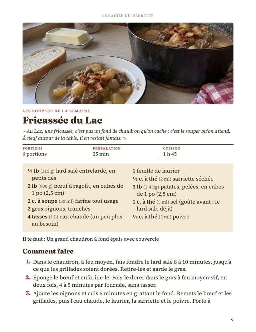 Page du cahier : la fricassée du Lac, photo, ingrédients et premières étapes