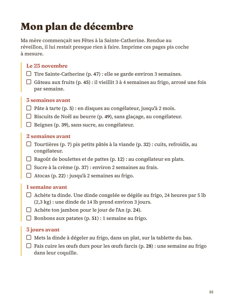 Page Mon plan de décembre, dans Les Fêtes chez Pierrette