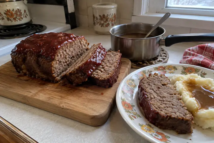 Pain de viande glacé, tranché, avec sa sauce brune