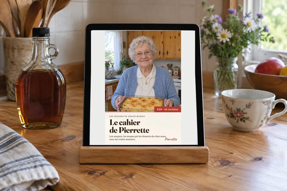 Le cahier de Pierrette ouvert sur une tablette, sur le comptoir de la cuisine